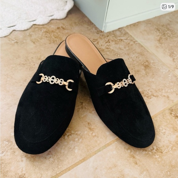 Shoes - Black Suede Mule Loafers with Gold Chain Detail